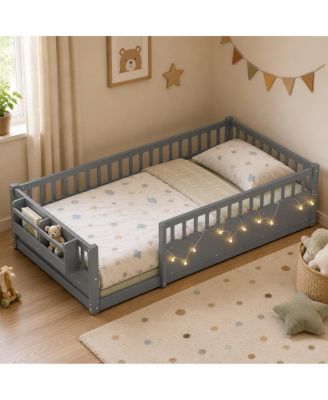  Twin Montessori Floor Bed with Guardrails, Lights and Bookshelf