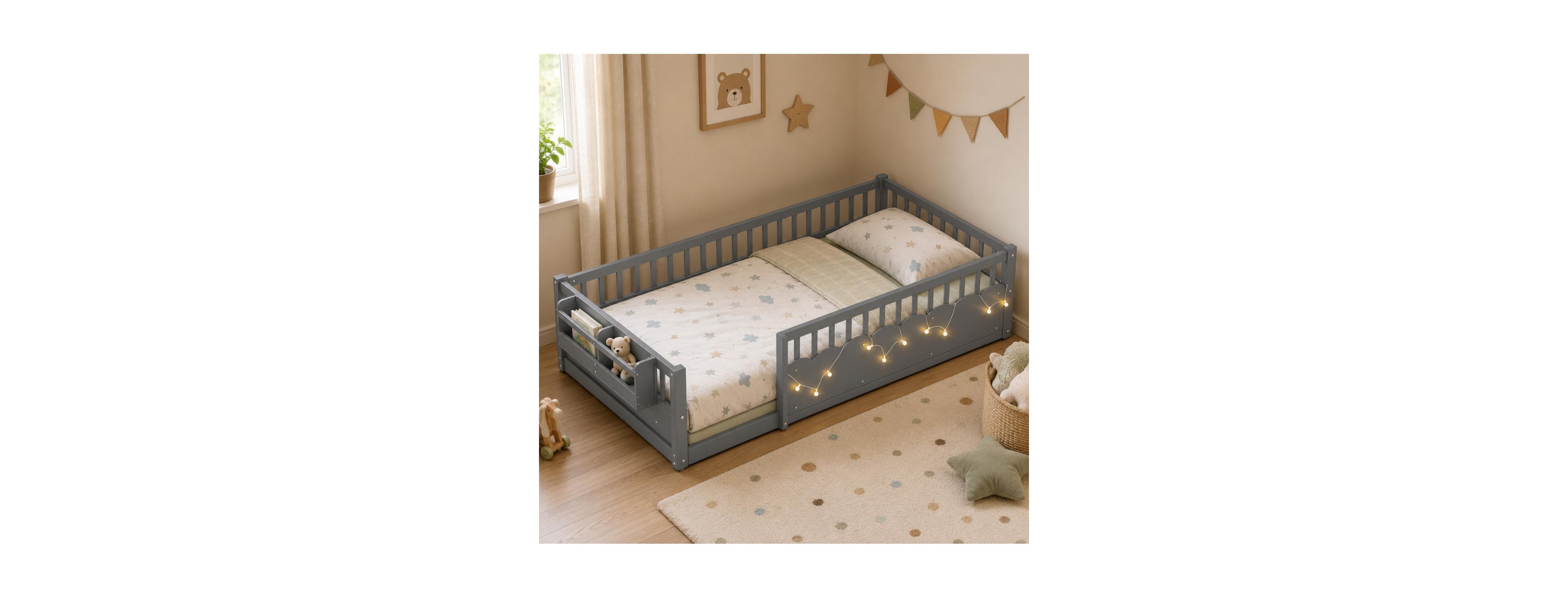 Streamdale Furniture Twin Montessori Floor Bed with Guardrails, Lights and Bookshelf