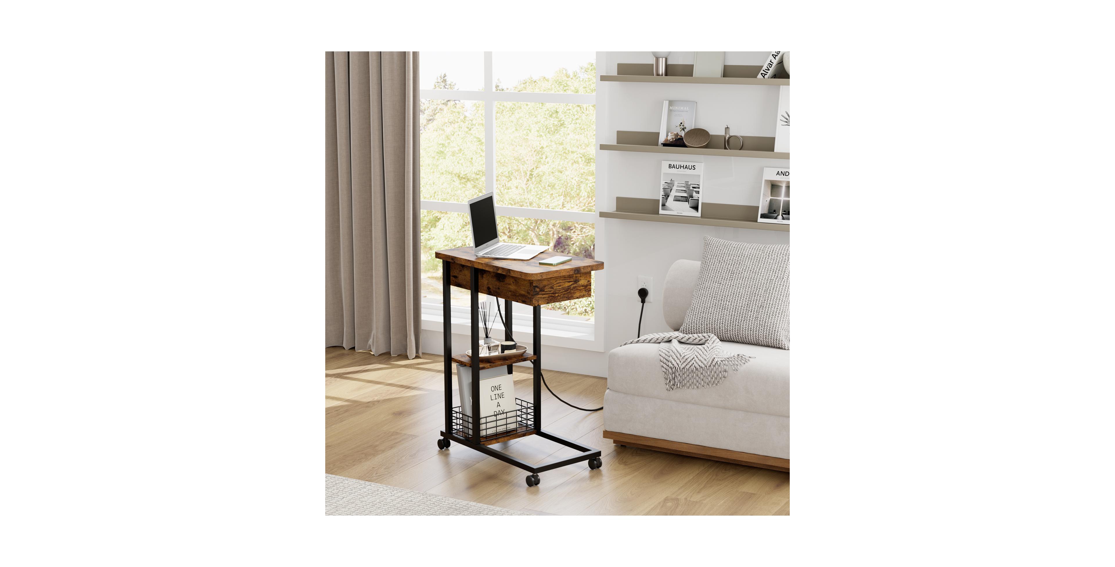 homfan C-Shaped End Table with Charging Station, Flip Top