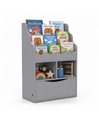 3-Tier Kids Bookcase with Open Cubes and Flip-Down Cabinet