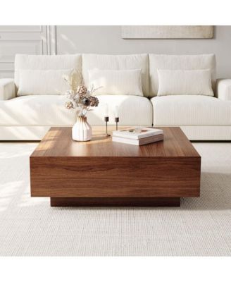 35" Square Wood Coffee Table with Storage, Mid-Century Modern Coffee Table with 2 Drawer, Wood Veneer, for Living Room