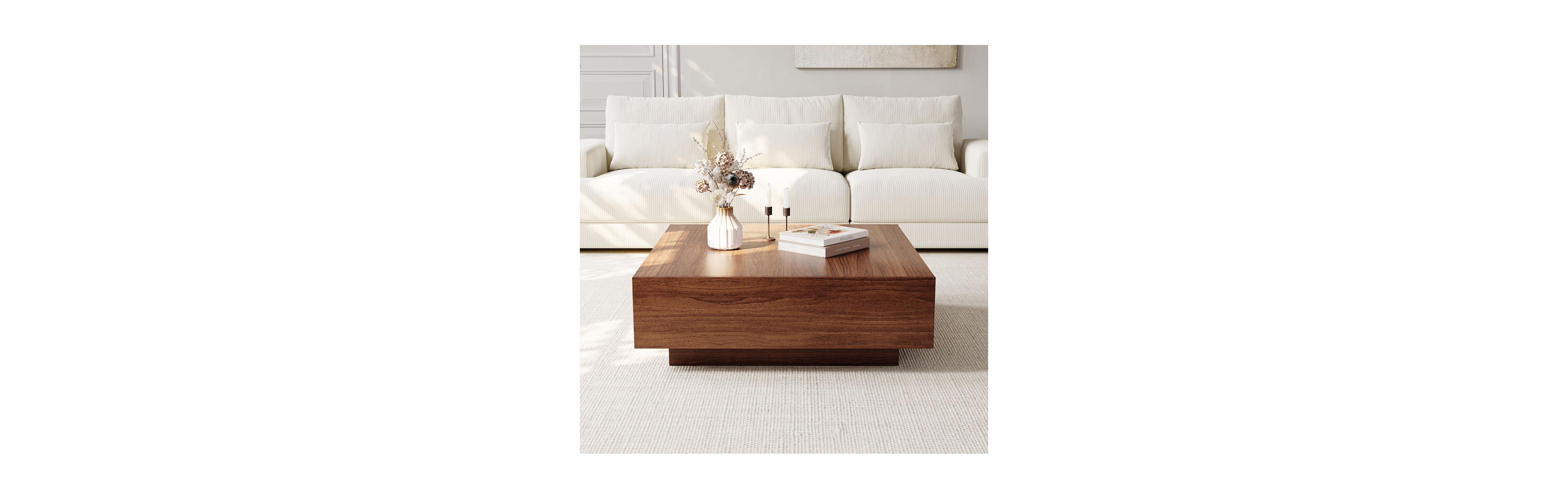 Povison 35" Square Wood Coffee Table with Storage, Mid-Century Modern Coffee Table with 2 Drawer, Wood Veneer, for Living Room