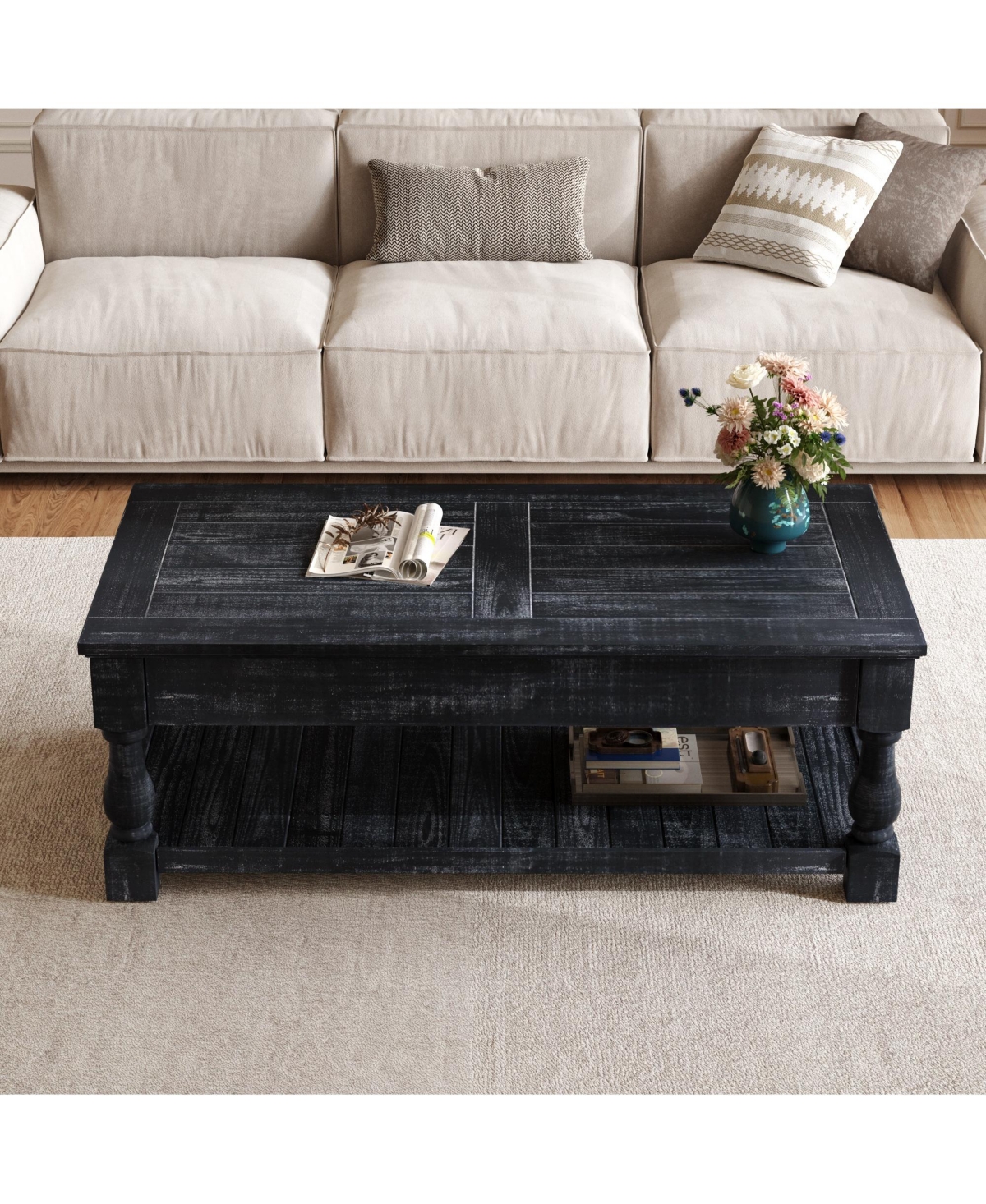 Clihome Farmhouse Lift Top Coffee Table, Storage Wooden Rustic Center Table for Living Room