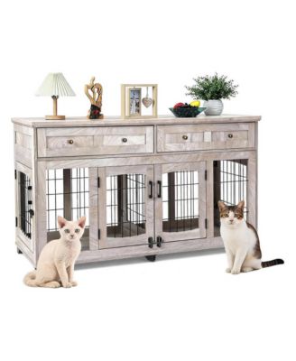 Wooden Cat Cage Furniture 58.27 x 21.6 x 34 Inch MDF Cat House with 5 Doors 2 Storage Drawers Convertible Double Room Pet Crate for Cats