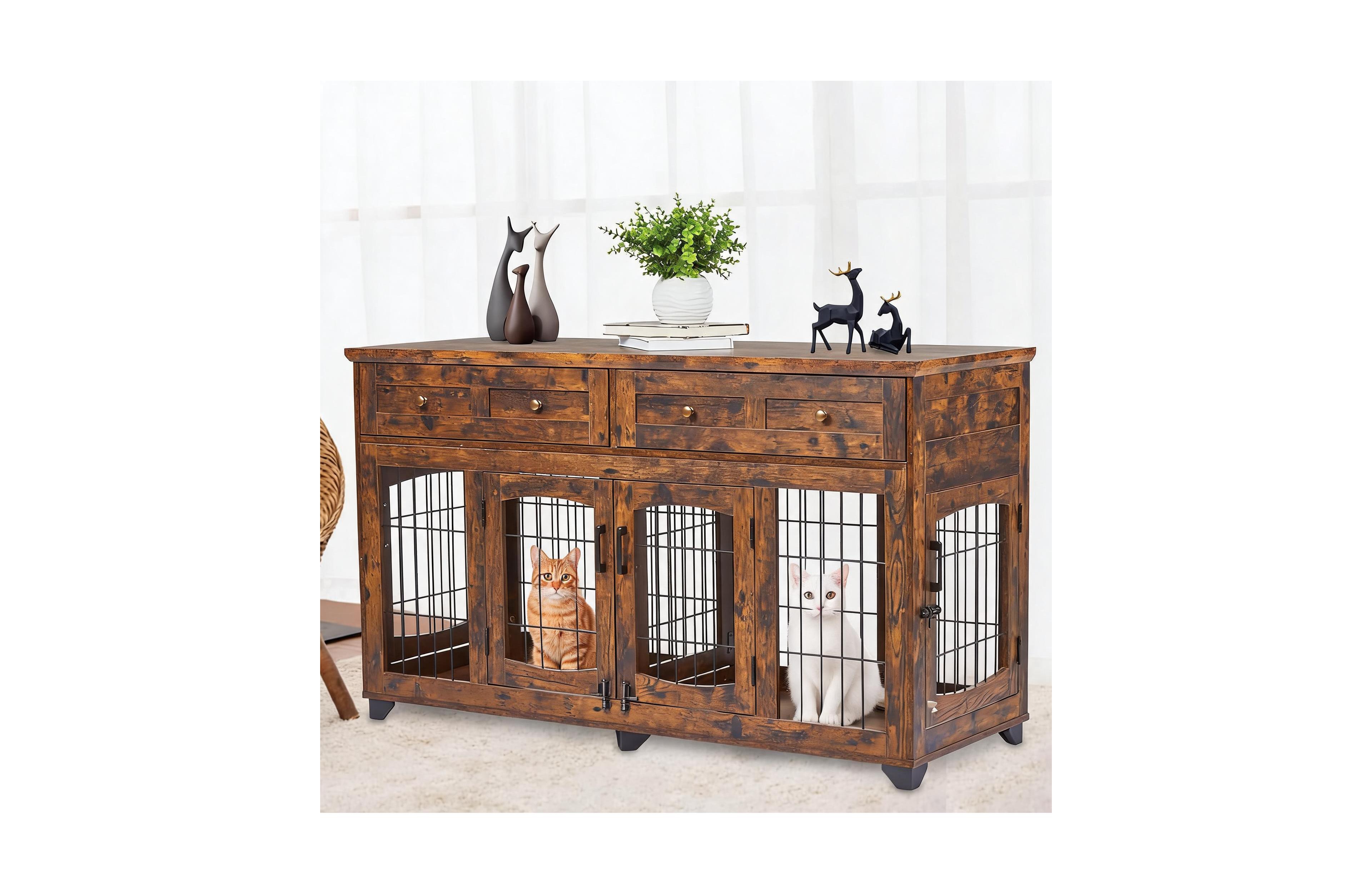 Lalfpet Wooden Cat Cage Furniture 58.27 x 21.6 34 Inch Mdf House with 5 Doors 2 Storage Drawers Convertible Double Room Pet Crate for Cats