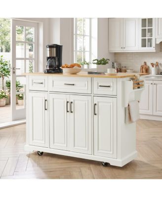 47.2" Kitchen Island with Drop Leaf, 3 Drawers, 4 Doors, Rubberwood Top