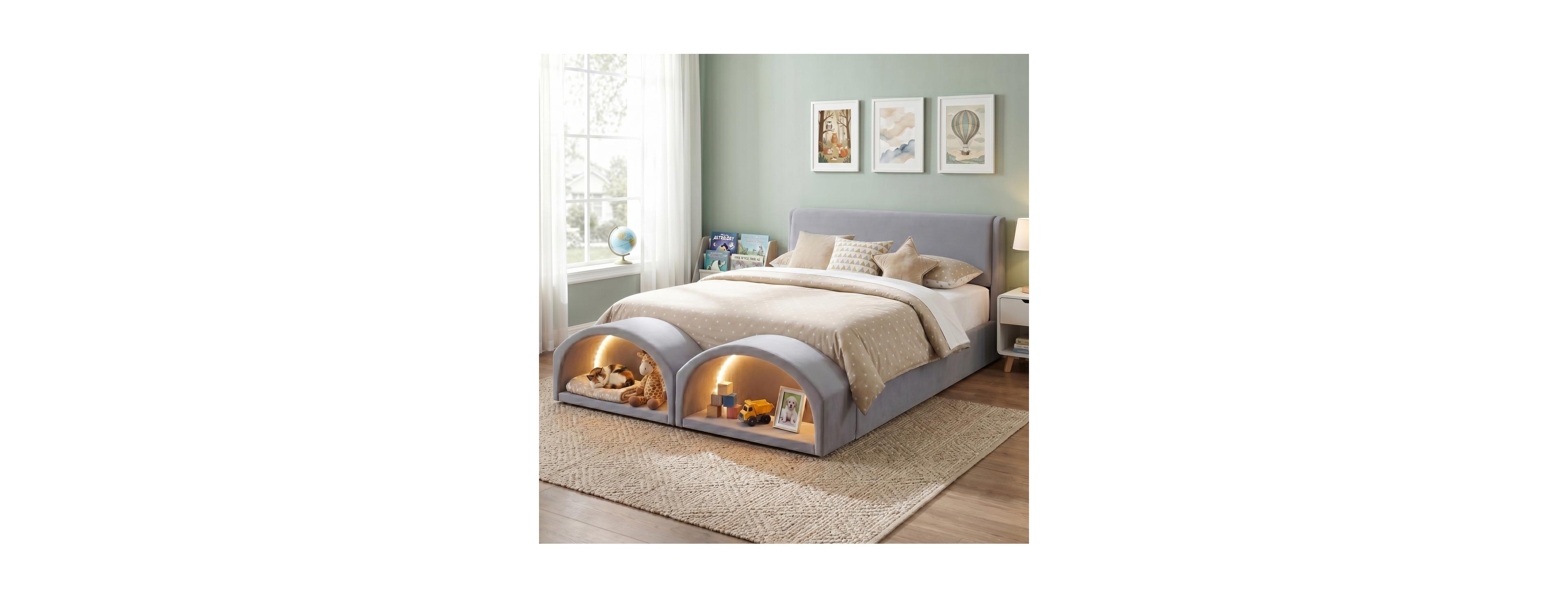 Streamdale Furniture Queen Upholstered Bed with Dual Cat Caves and Led Lights