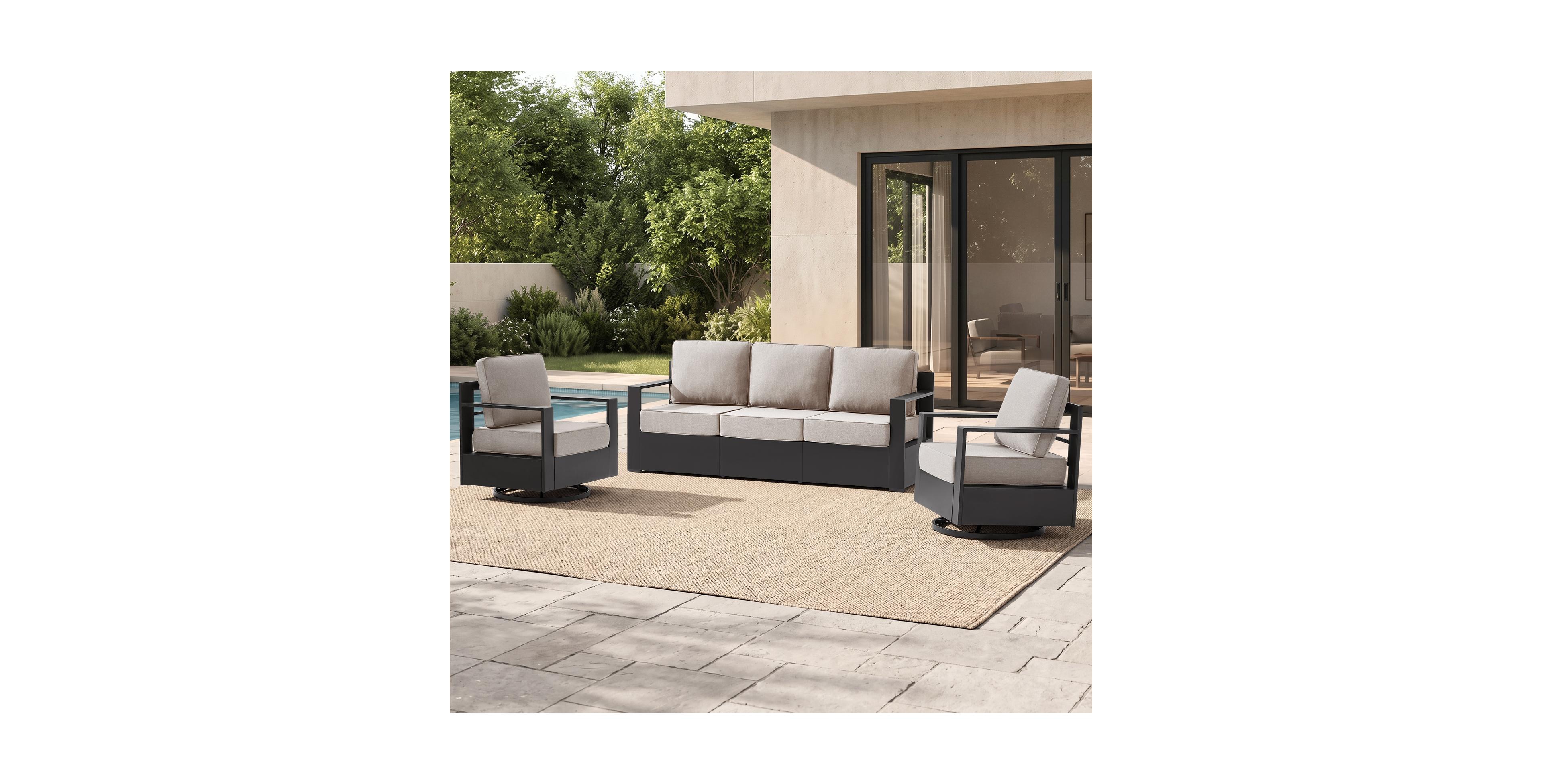 Pocassy Zebrok 3 Pieces Outdoor Aluminum Patio Furniture Set with 360-Degree Swivel Chairs, 6-Inch Thick Olefin Cushions and Rust-Resistant Frame
