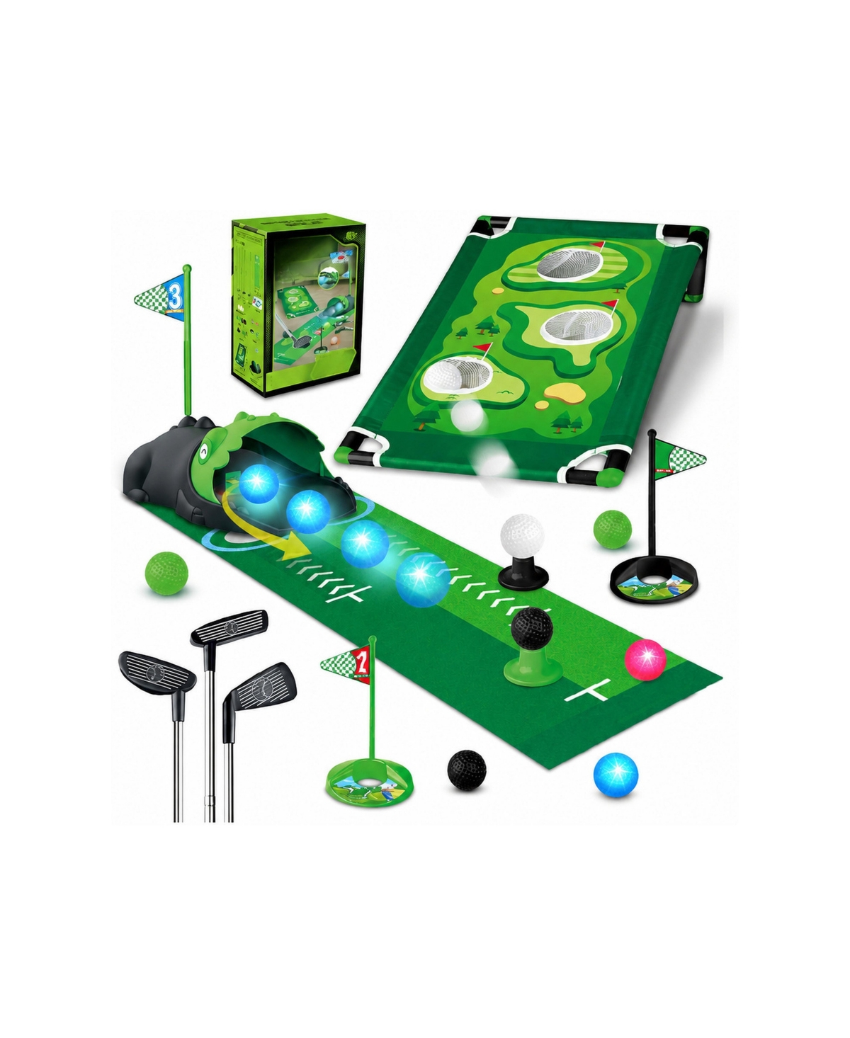 Peneyon 3 In 1 Kids Golf Set Dinosaur Automatic Returner Led Light Up Balls Putting Mat Mini Games Indoor Outdoor Gift - Default