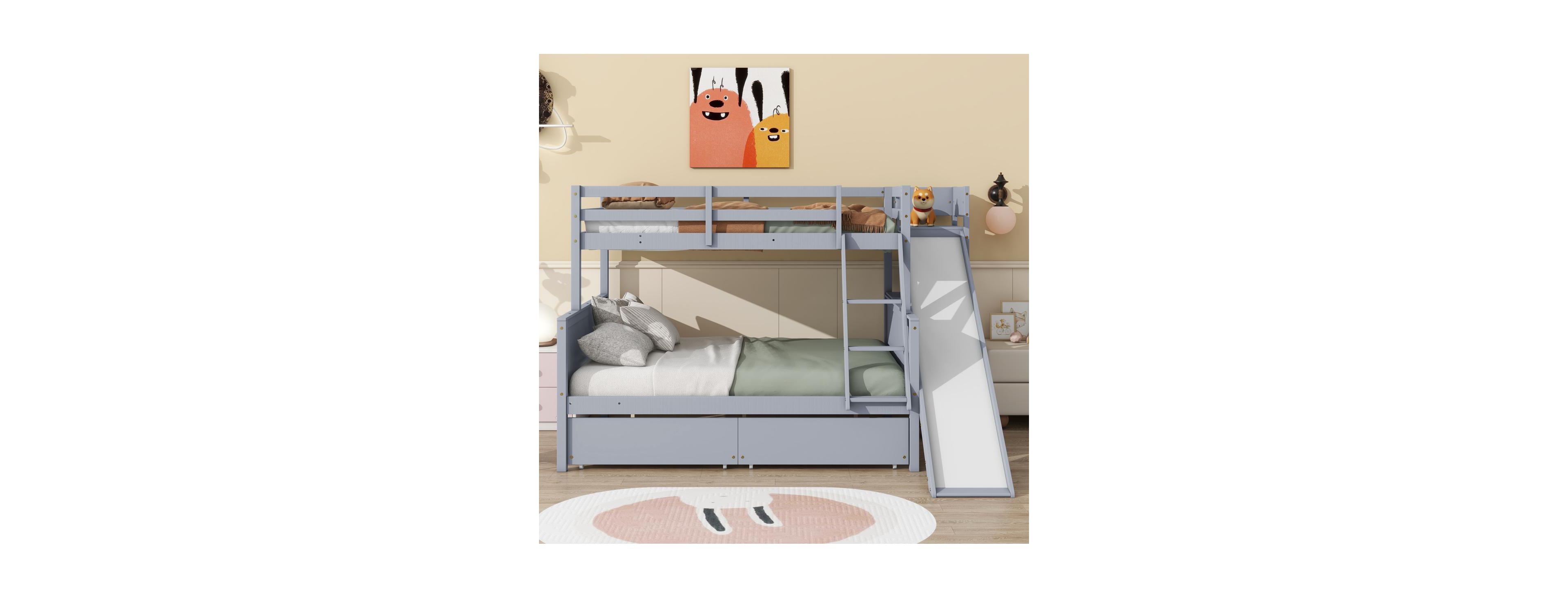 Streamdale Furniture Twin Over Full Wood Bunk Bed with Slide, Drawers, Shelves and Ladder