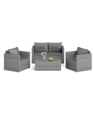 4 Pieces Patio Rattan Wicker Conversation Set with Padded Cushion and Coffee Table