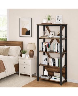65.6 Inch 5-Tier Wood and Metal Industrial LED Light Open Display Bookshelf