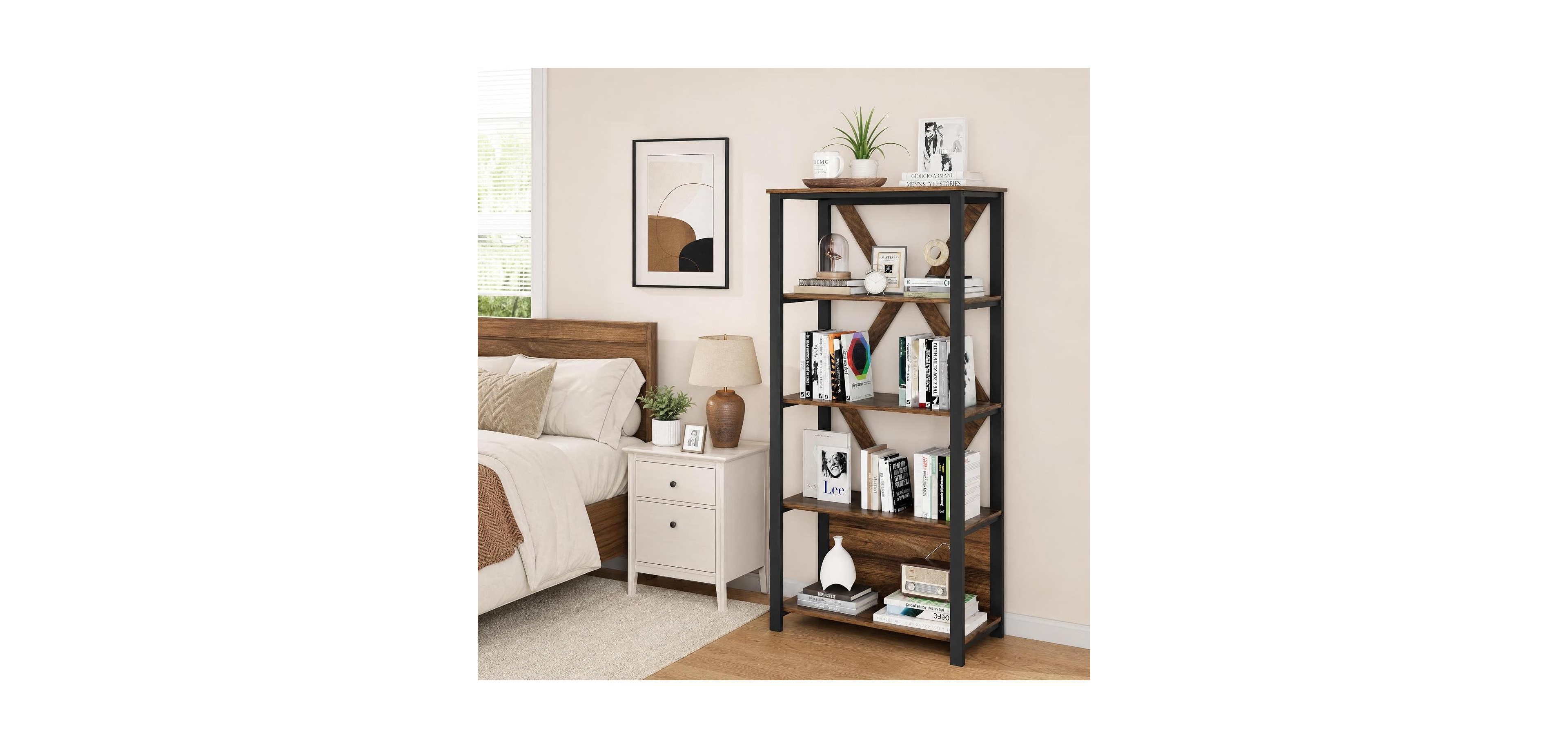 gaomon 65.6 Inch 5-Tier Wood and Metal Industrial Led Light Open Display Bookshelf