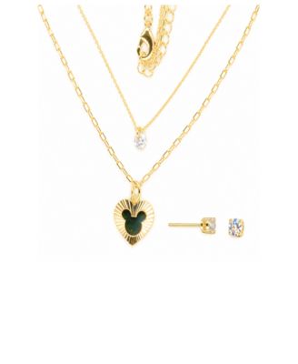 Cubic Zirconia 14K Gold Plated Mickey Mouse Layered Heart Pendant Necklace and Stud Earrings, 2-Piece Set