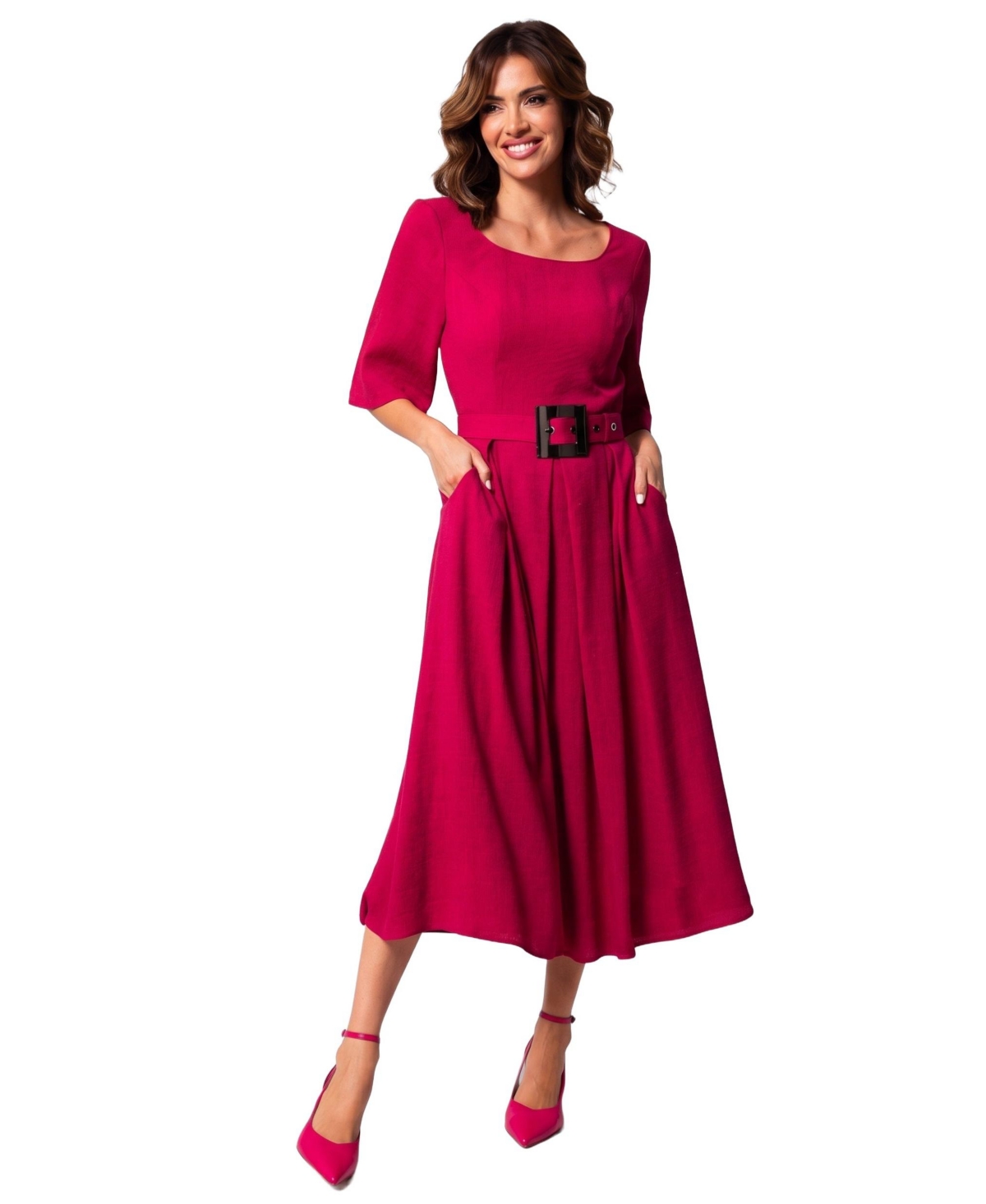 Luna Fashion House Women's Charlotte Scoop Neck Belted A-Line Midi Dress