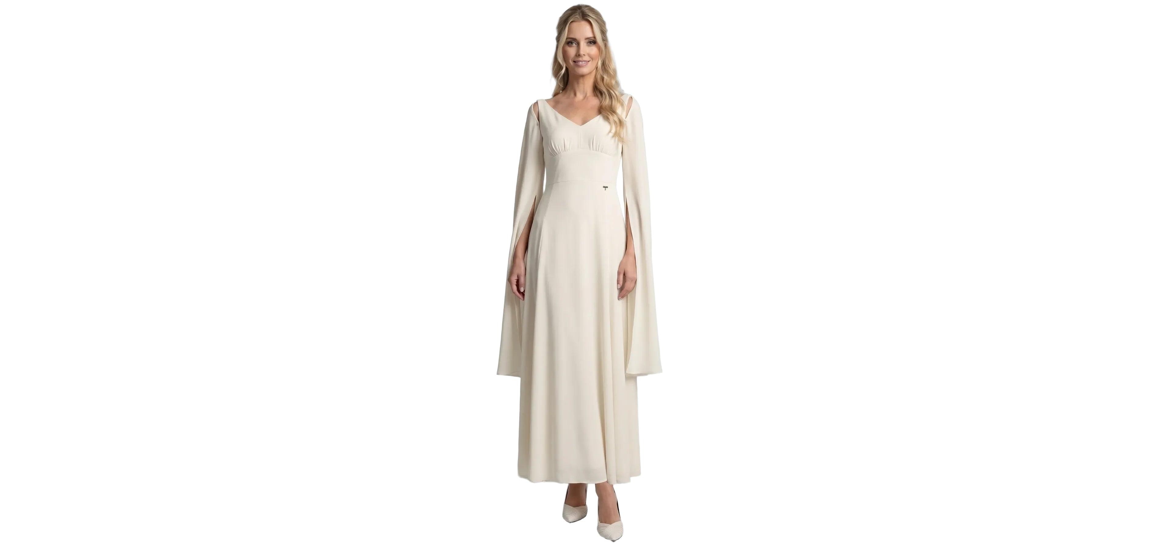 Luna Fashion House Women's Rebeka Removable Cape Sleeves Empire Waist Chiffon Gown