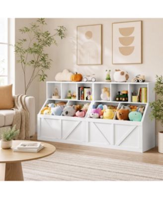 Set of 2 Multi-Zone Storage Kids Bookshelf and Toy Organizer, Engineered Wood with 3 Shelves and 2 Storage Bins, for Playroom Nursery Bedroom