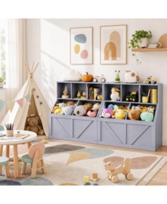 Set of 2 Multi-Zone Storage Kids Bookshelf and Toy Organizer, Engineered Wood with 3 Shelves and 2 Storage Bins, for Playroom Nursery Bedroom
