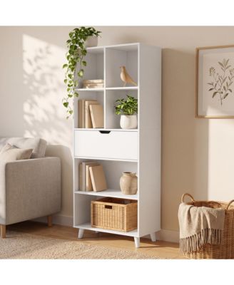 72.05 Inch 6-Cube MDF Bookcase with Storage Drawer and Solid Wood Legs