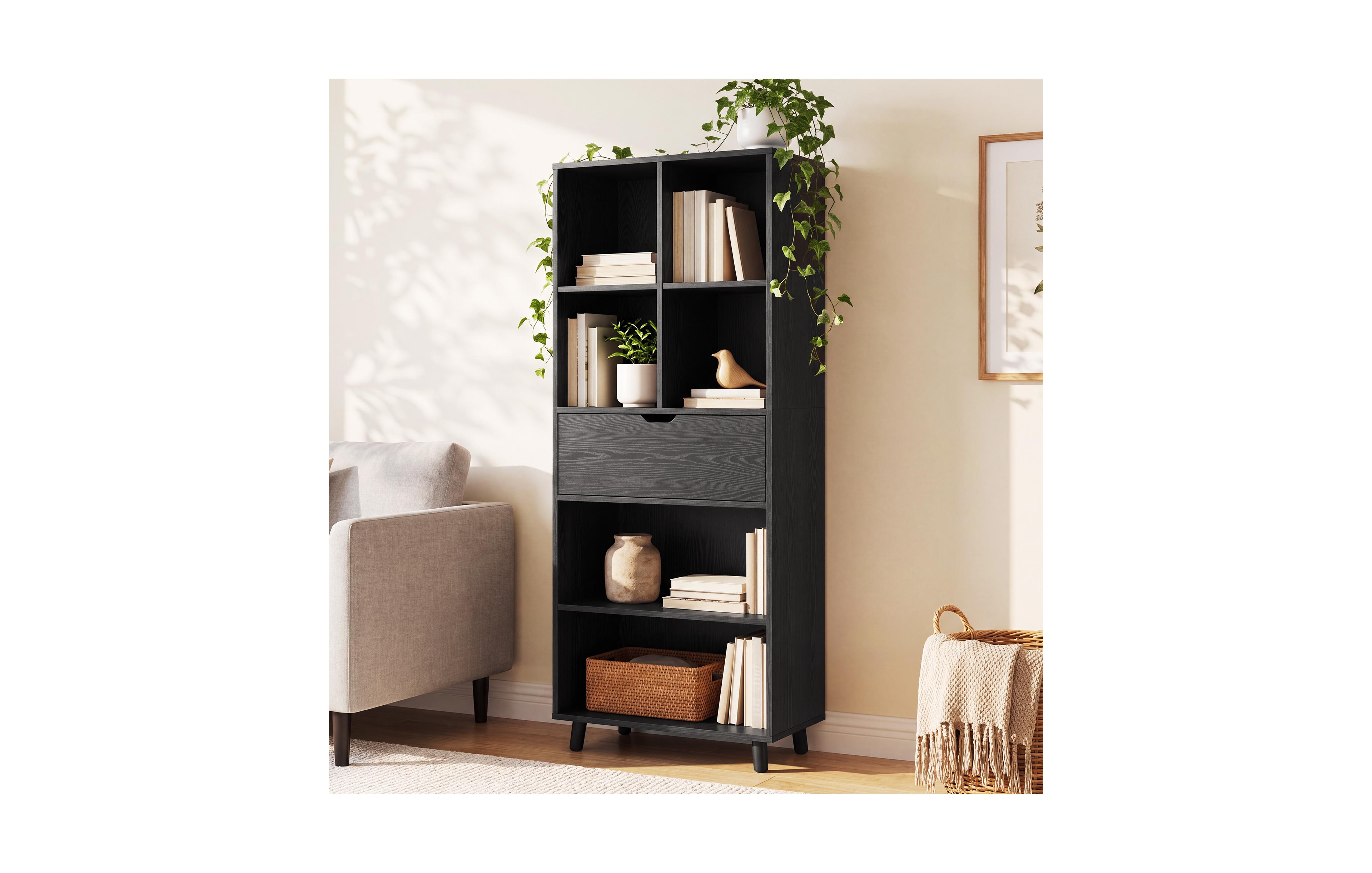 homfan 72.05 Inch 6-Cube Mdf Bookcase with Storage Drawer and Solid Wood Legs