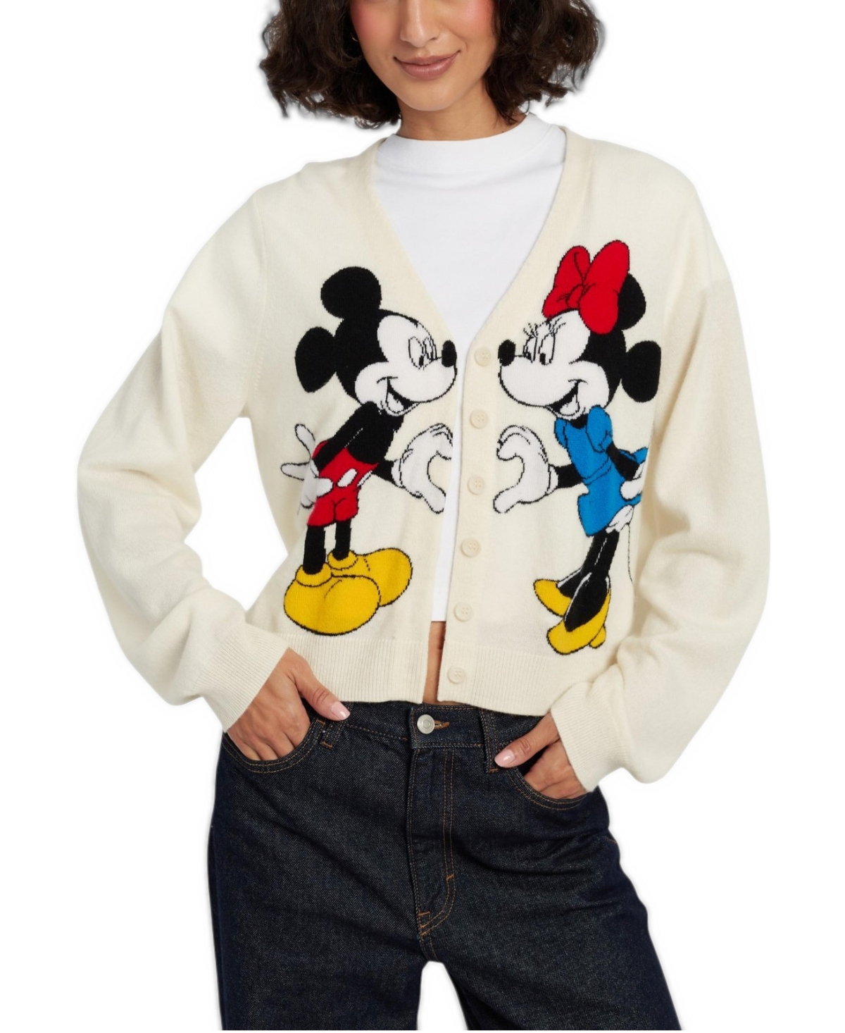 Chinti & Parker Women's Intarsia Mickey and Minnie Wool-Blend Long-Sleeve Cardigan - Cream