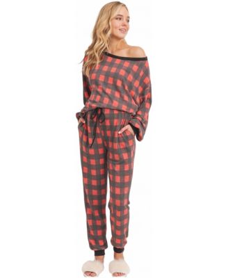 Maternity Plaid Off-the-Shoulder Long Sleeve Top and Sweatpants, 2-Piece Set