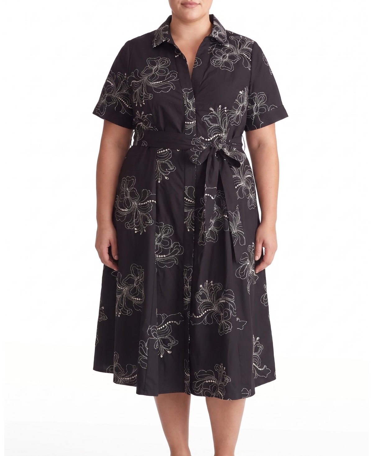 Universal Standard Plus Size Tina Fit-and-Flare Midi Short-Sleeve Cotton-Blend Shirtdress - Hibiscus embroidery