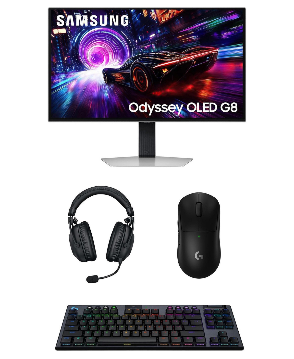 Samsung Odyssey 27" Qd-oled 4K 240Hz Gaming Computer Monitor with Pro X 2 Lightspeed Headset, G915 Keyboard, and Superlight 2 Mouse - Silver