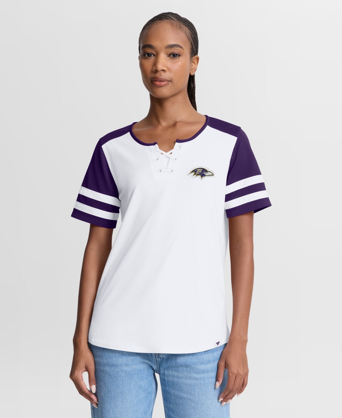 Fanatics Women's White/Purple Baltimore Ravens Touchdown Pass Athena Lace-Up T-Shirt - White, Purple