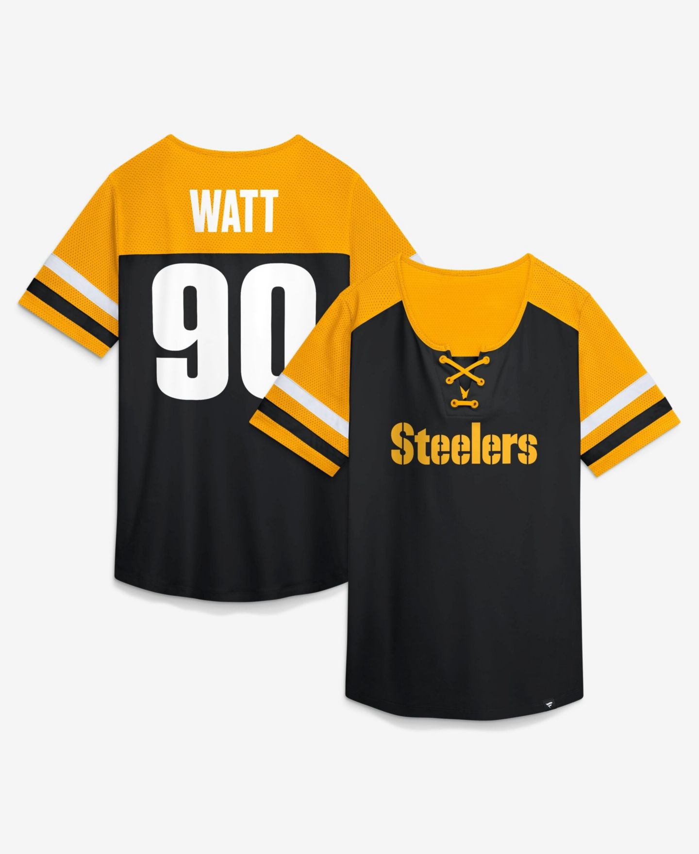 Женская рубашка Fanatics T.J. Watt Black Pittsburgh Steelers Curl Route Athena Lace-Up Name & Number — фото 1
