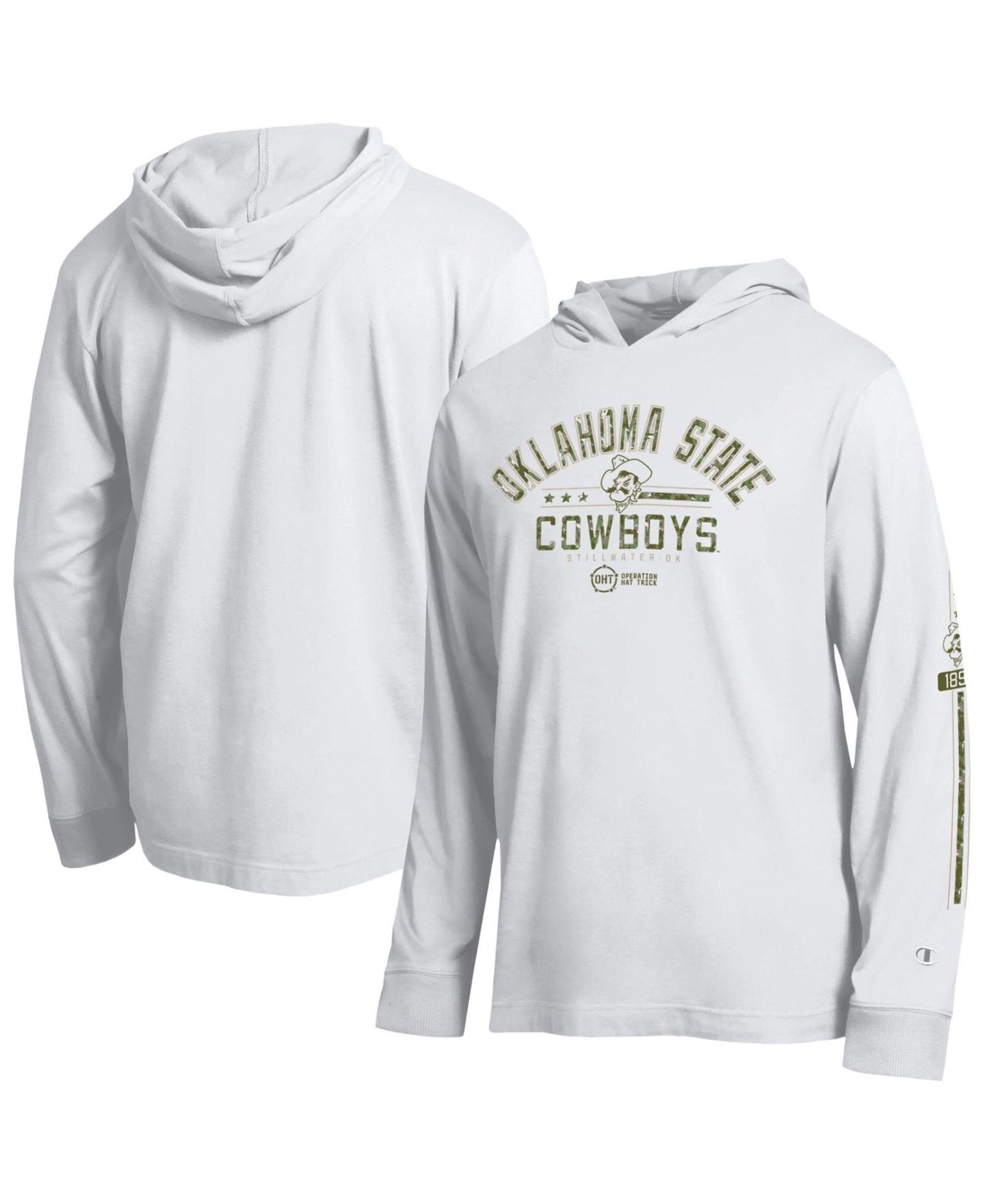 Мужская футболка Champion White Oklahoma State Cowboys Operation Hat Trick Sleeve Line Hooded Long-Sleeve — фото 1
