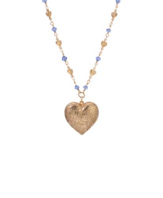 Gold-Tone Heart Locket Blue Beaded Chain Necklace