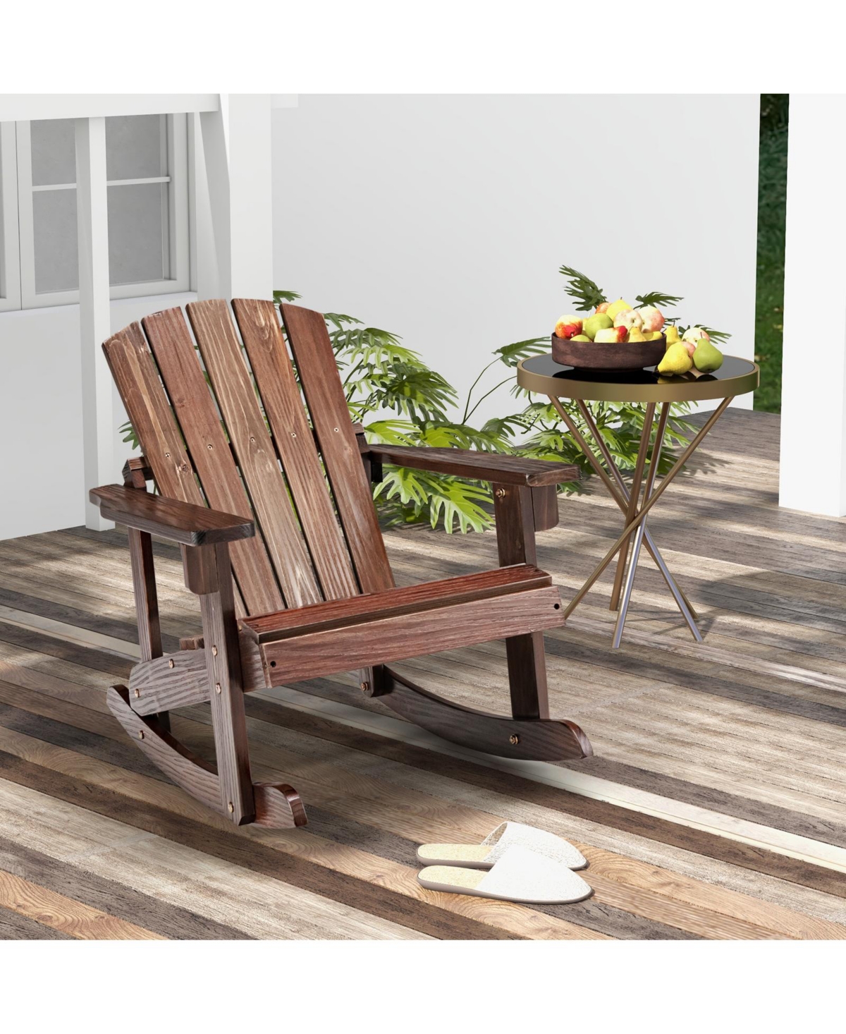 Mecale Kids Wooden Adirondack Rocking Chair with Slatted Seat - Brown