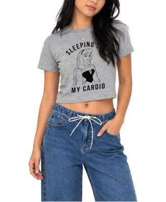 Women's Juniors' Aurora Sleeping Is My Cardio Cropped Graphic T-Shirt