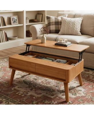 Mid-Century Modern 39.37 in x 21 in x 18 in Wood Veneer Hydraulic Lift Top with Storage Coffee Table