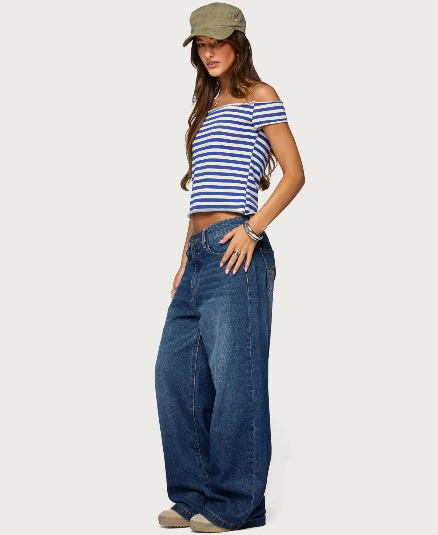 Женский топ Edikted French Terry Striped Off Shoulder, цвет: Синий белый — фото 5