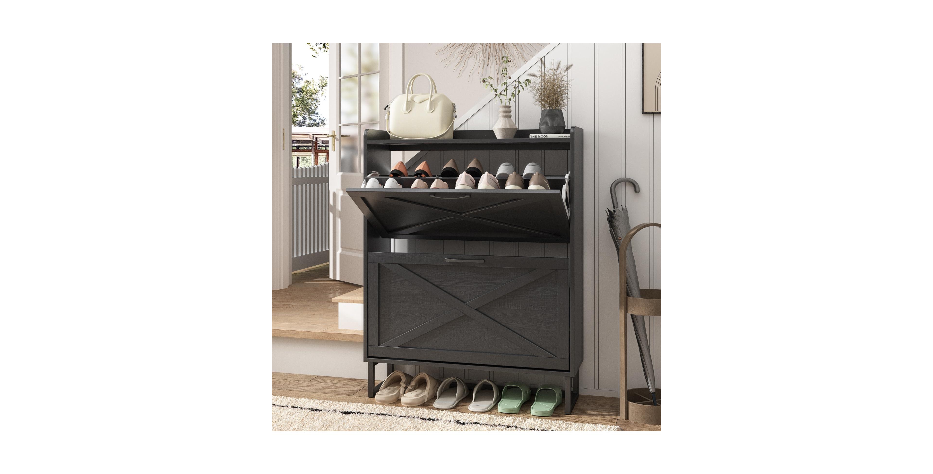 Vabches Shoe Storage Cabinet with 2 Flip Drawers Freestanding Organizer Metal Legs for Entryway