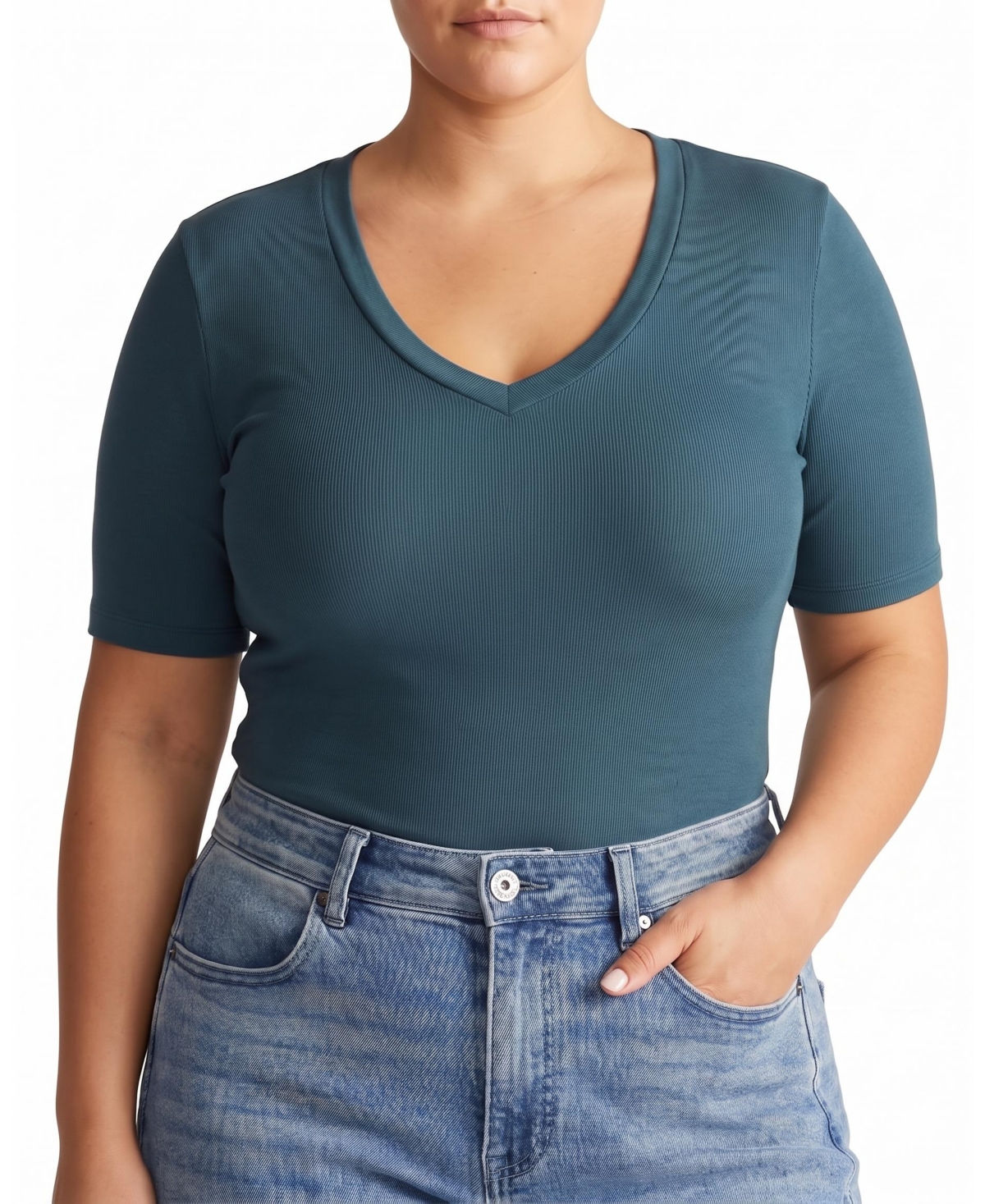 Universal Standard Plus Size Cloud Rib V-Neck Ribbed Short-Sleeve T-Shirt - Deep sea