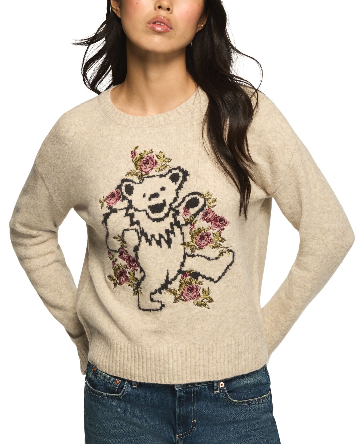 Женский свитер Lucky Brand Cloud Soft Intarsia Crewneck Long-Sleeve Loose-Fit, цвет: Светлый овсяный — фото 1