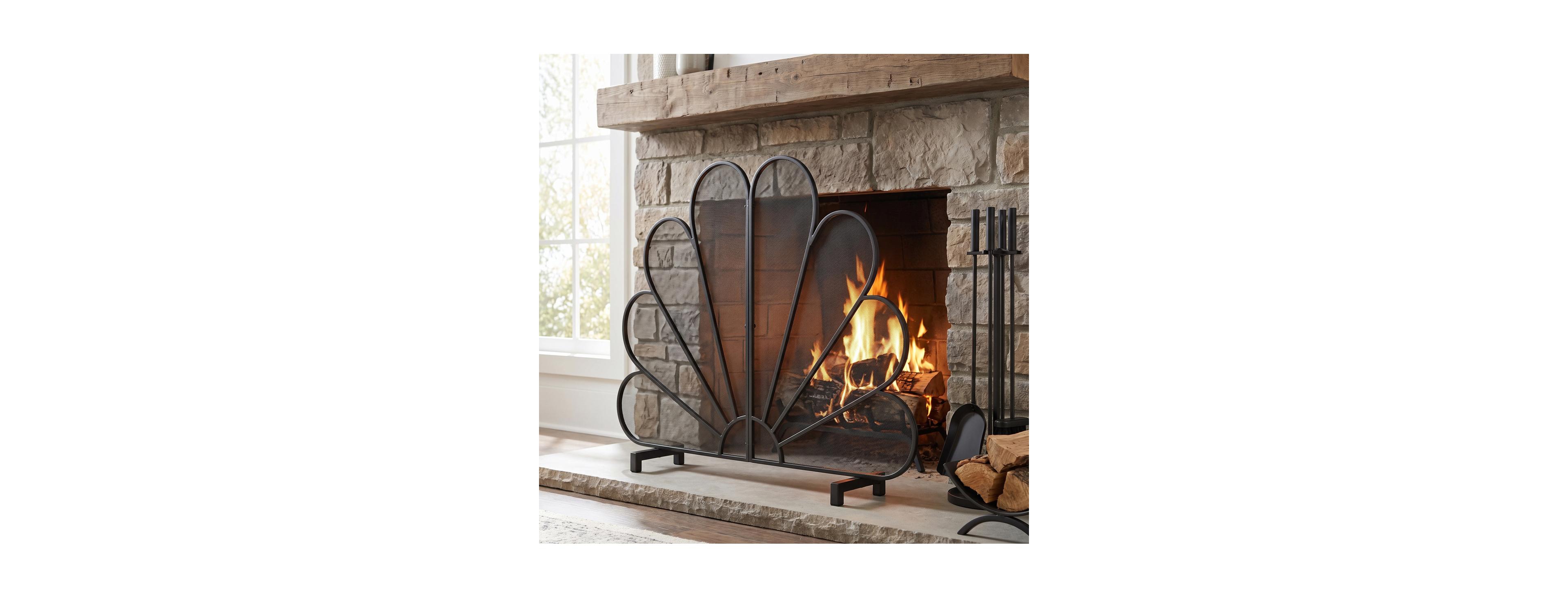 Streamdale Furniture 41 Inch Black Metal Fan Shaped Peacock Freestanding Fireplace Screen