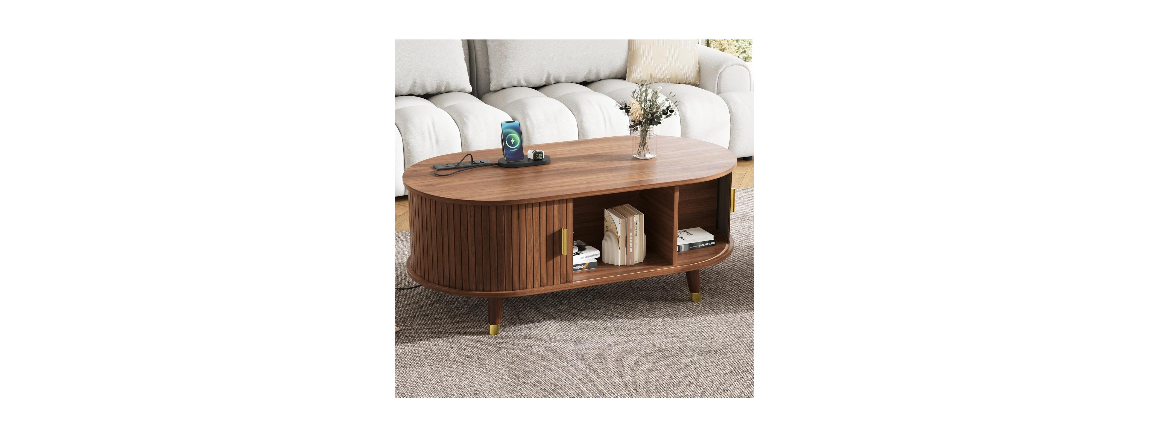 Streamdale Furniture Mid-Century Modern 42 in x 22 in x 17 in Mdf 360degree(s) Fluted Sliding Doors Coffee Table