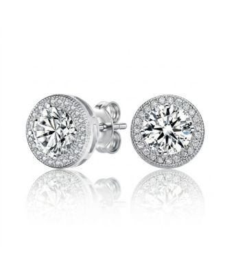 Dainty Sterling Silver White Gold Plated CZ Halo Stud Earrings