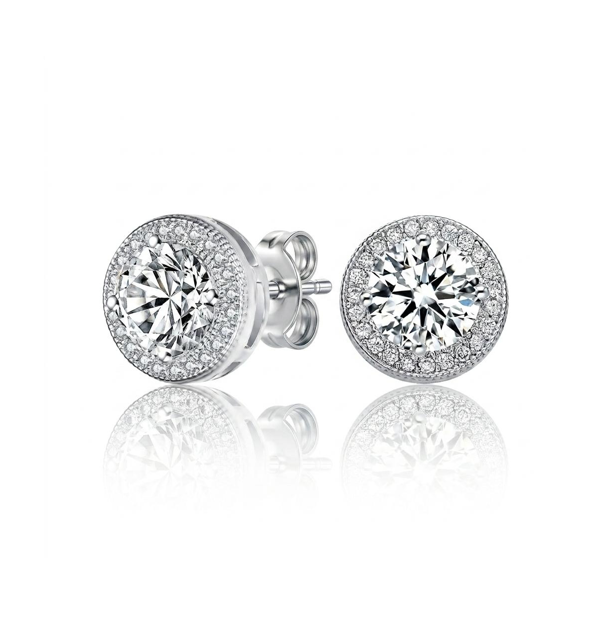 Sterling Silver with Rhodium Plated Clear Round Cubic Zirconia Solitaire Halo Stud Earrings - White