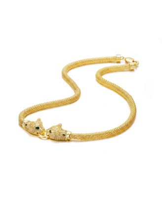 14K Gold Plated with Green Cubic Zirconia Mesh Panther Face Necklace