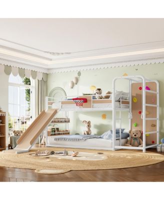 Metal Loft Bed with Slide, Climbing Wall, Basketball Hoop and Bookshelves