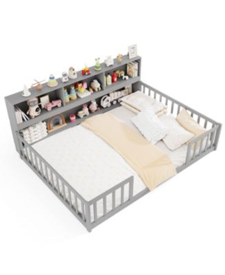 Twin Montessori Floor Bed with Side Bookcase and Fence Rails