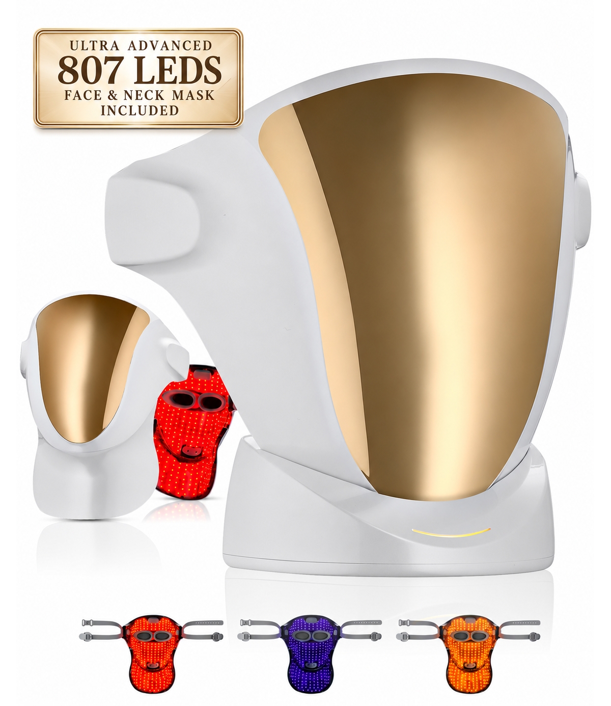 Lovery Led Ed Face & Neck Light Therapy Mask: 807 LEDs, Red, Blue & Orange Light for Collagen, Wrinkles & Acne. Cordless Rechargeable Mask with Chargi