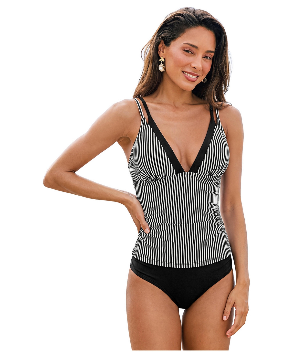 Cupshe Women's Striped V Neck Tankini Set - Black