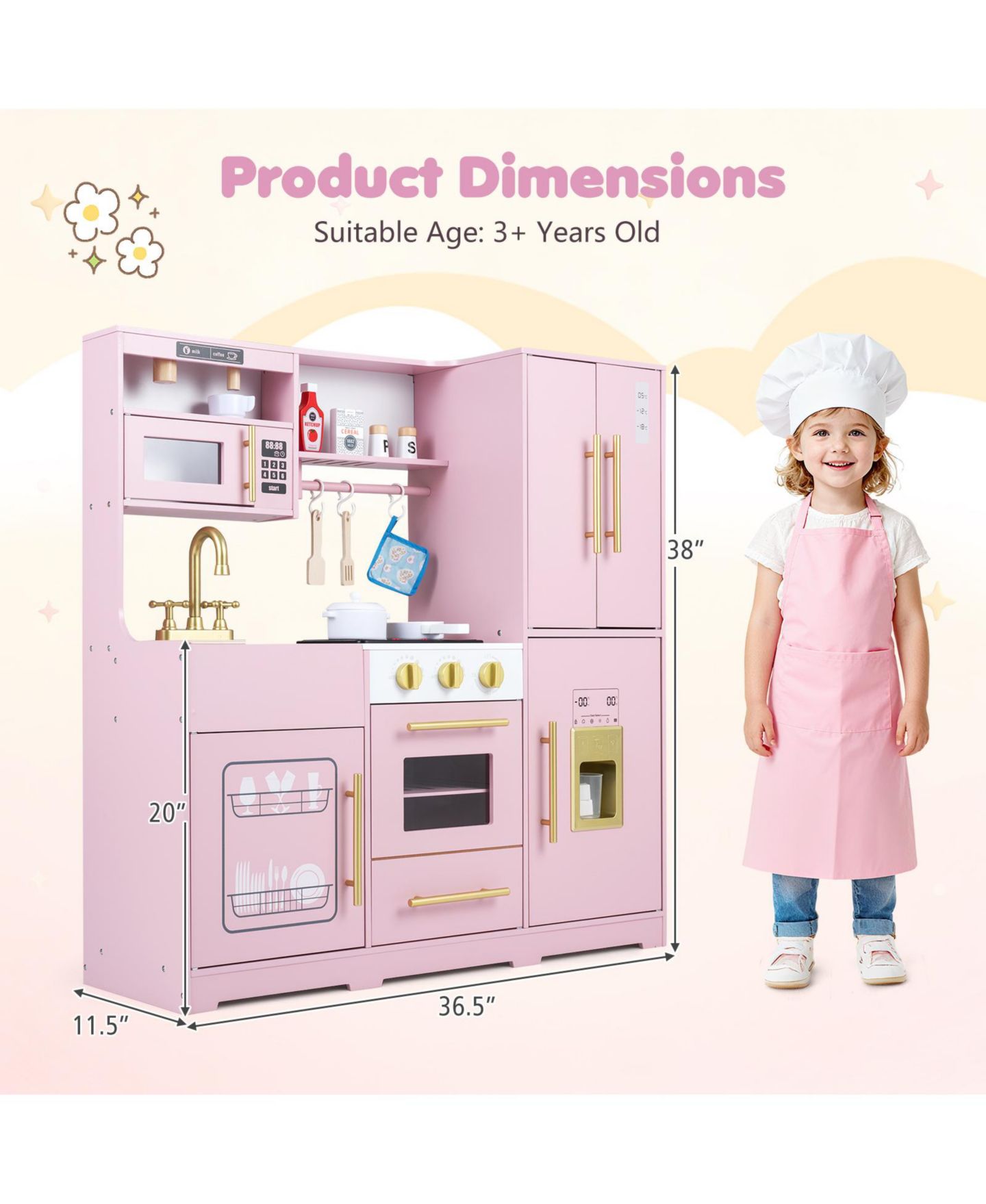Детская игрушка Costway Wooden Play Kitchen with Realistic Lights and Sounds, от 3 лет, цвет: Розовый — фото 3