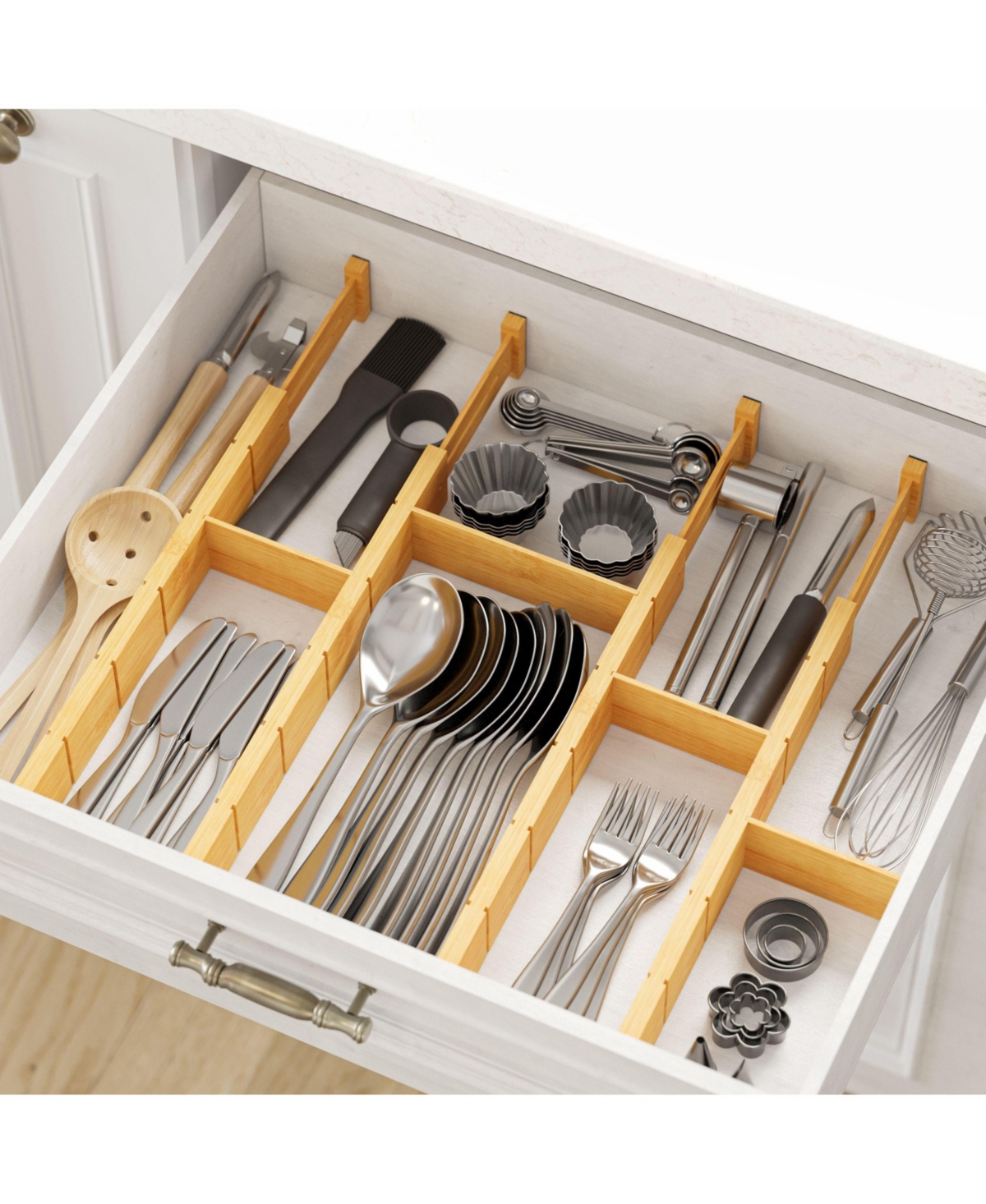 SpaceAid Patented Original Design - Set of 4 Bamboo Expandable Drawer Dividers with Labels, with 9 Inserts (17-22) in - Natural